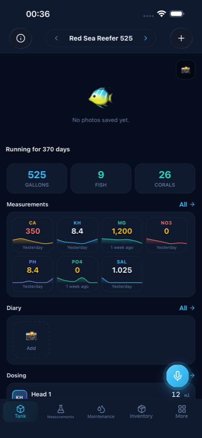 Reef Lab tank dashboard showing volume, fish and coral counts and the water parameters KH, calcium, magnesium and nitrate