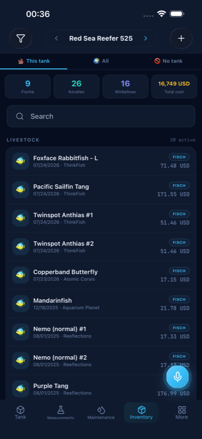 Reef Lab inventory with counts for fish, corals and invertebrates and the total cost of the tank