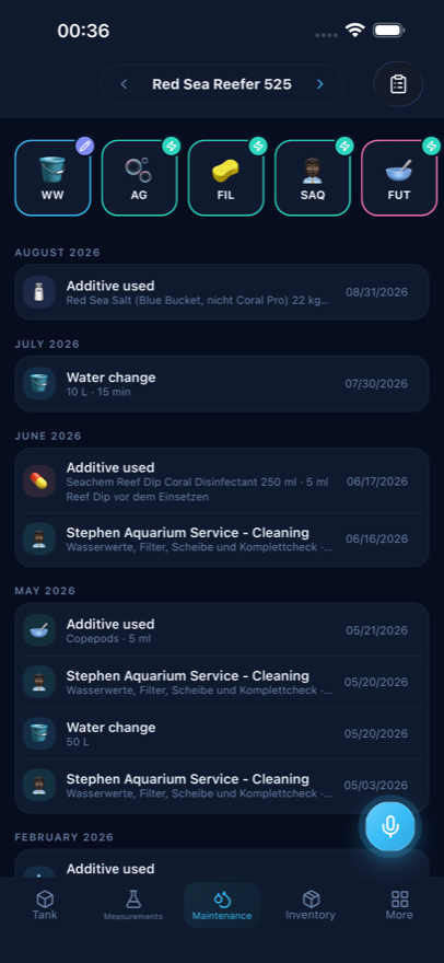 Reef Lab care log with templates for water change, skimmer and filter media and the entries grouped by month