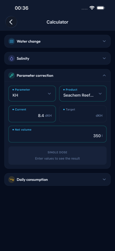 Reef Lab calculators for water change, salinity, parameter correction and daily consumption