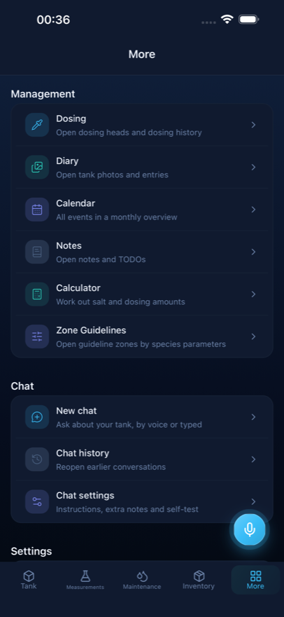 Reef Lab menu with dosing, diary, calendar, notes, calculator, zone guidelines and the AI chat