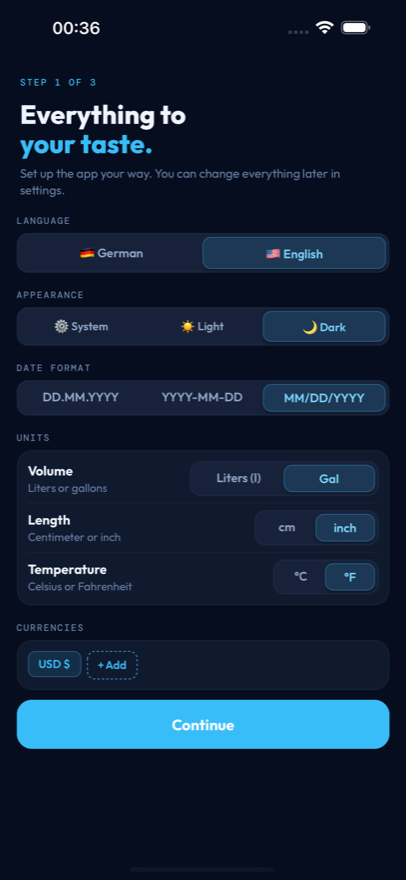 Reef Lab setup screen with language, appearance, date format, units and currencies